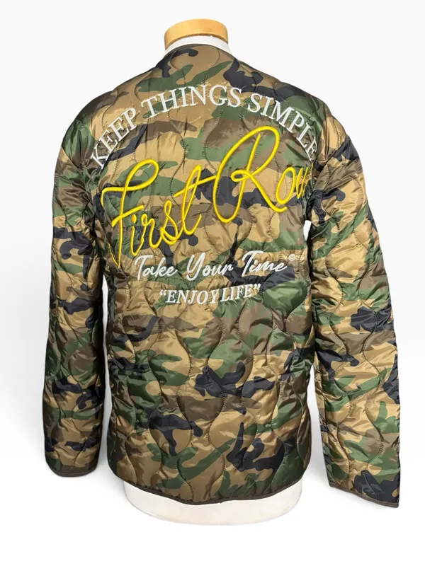 First Row Camo Quilted Bomber Jacket Bulldog Embroidered Patches Small - Image 5
