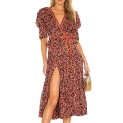 Ulla Johnson Lisette Rust Blue Floral Puff Sleeve Ruffle Wrap Midi Dress - Image 2