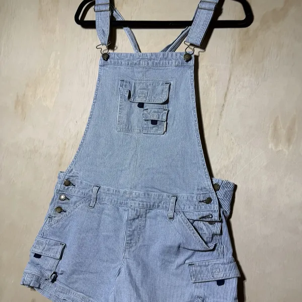 Zana Di Jeans Womens L Railroad Stripe Shortalls Overalls Cargo Y2K Utility Blue - Image 2