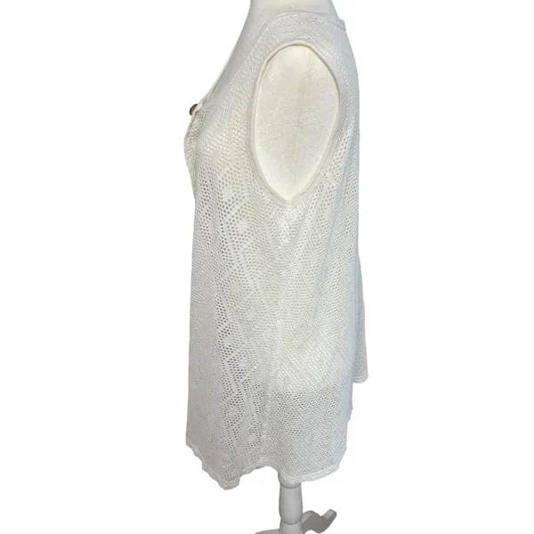 VTG White Crochet Button Up‎ Beach Cover Up Top Anchor Gold Buttons L-XL Resort - Image 5