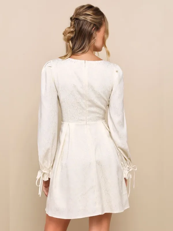 Lulus Elegant Adoration Cream Floral Jacquard Long Sleeve Mini Dress – Small NWT - Image 4