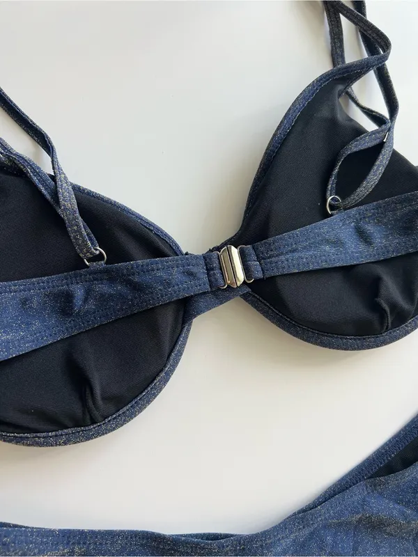 NWOT Navy Blue Shimmer Metallic Glitter Underwire Bikini Bathing Suit Set L - Image 10