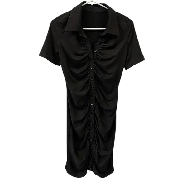 Source Unknown Black Ruched Bodycon Full Button Front Short Sleeve Mini Dress Womens Small - Image 6
