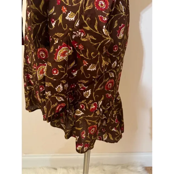 Madison Matthews Brown Autumn Leaves Wrap Mini Dress Ruffled S - Image 6