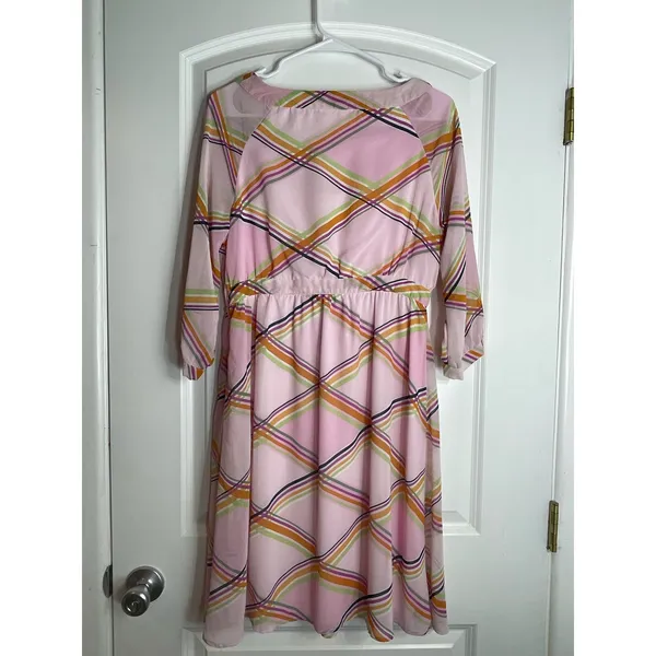 VTG Tulle Dress Small Powder Pink Chiffon Plaid Tie Neck Preppy Academia - Image 4
