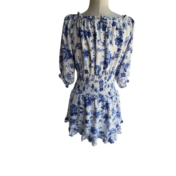 Main Strip White Mini Dress with Blue Floral Print - Image 4