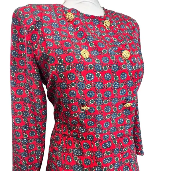 Vintage Talbots Medallion Print Midi Dress Gold Crest Button Long‎ Sleeve Red 6 - Image 3