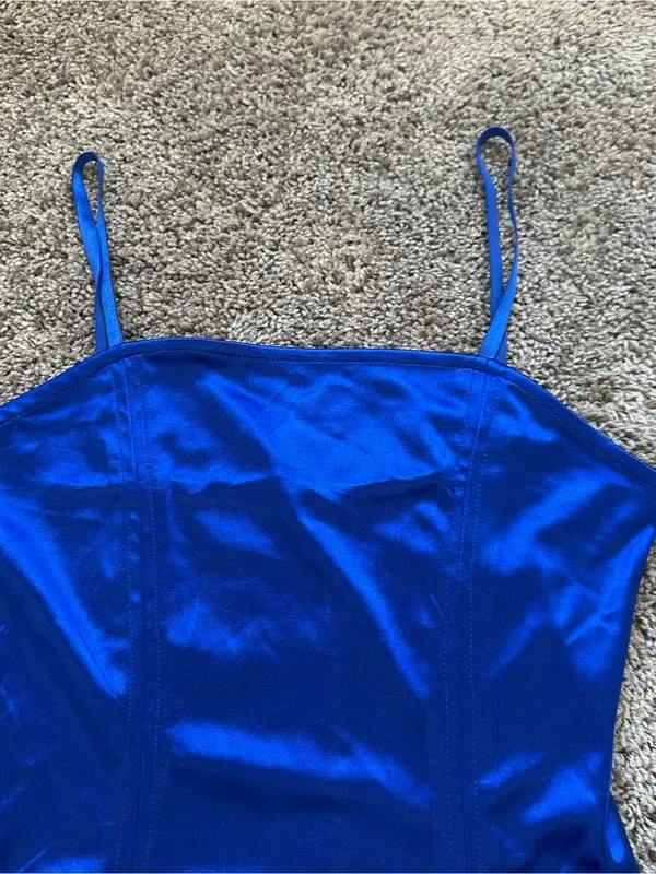 iris Electric Blue Satin Mini Slip Dress - Image 4