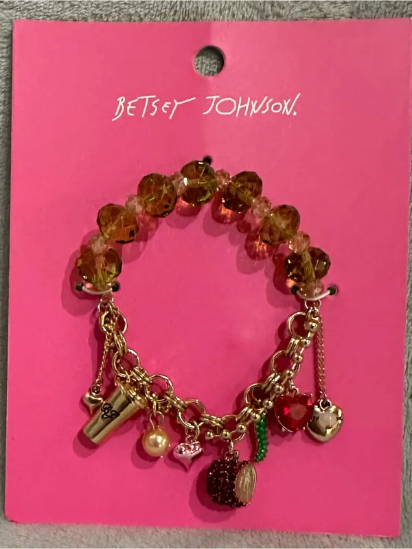 Betsey Johnson NWT Gold Tone Coffee Cup Apple Hearts Beaded Charm Bracelet Y2K - Image 2