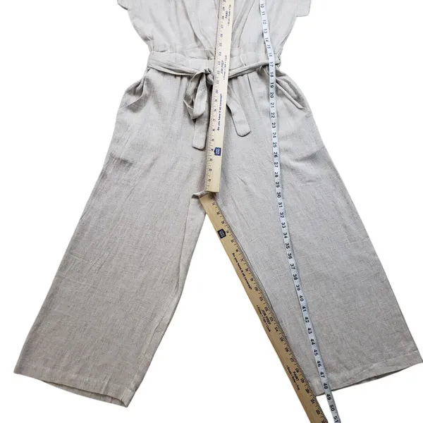 Monteau Jumpsuit Womens Large Beige Linen Wide Leg V-Neck Cropped Boho Overall - Image 9