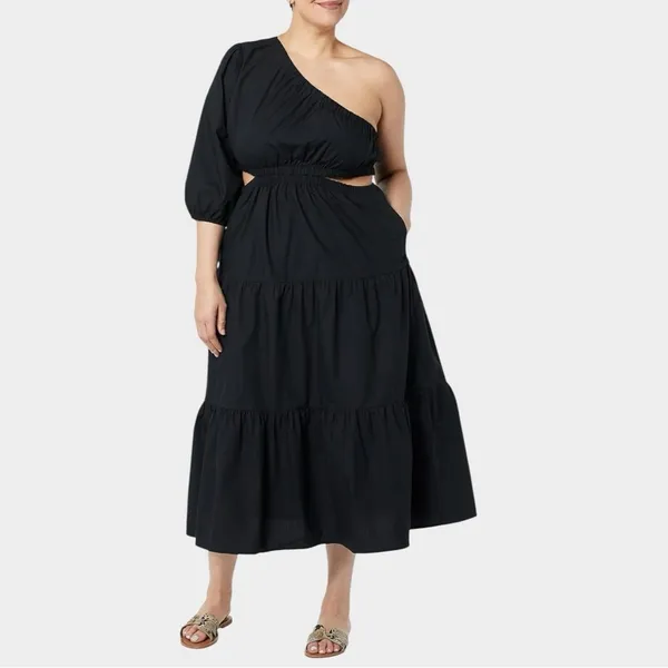 The Drop One Shoulder Cut-Out Tiered Midi Dress Large - Image 3
