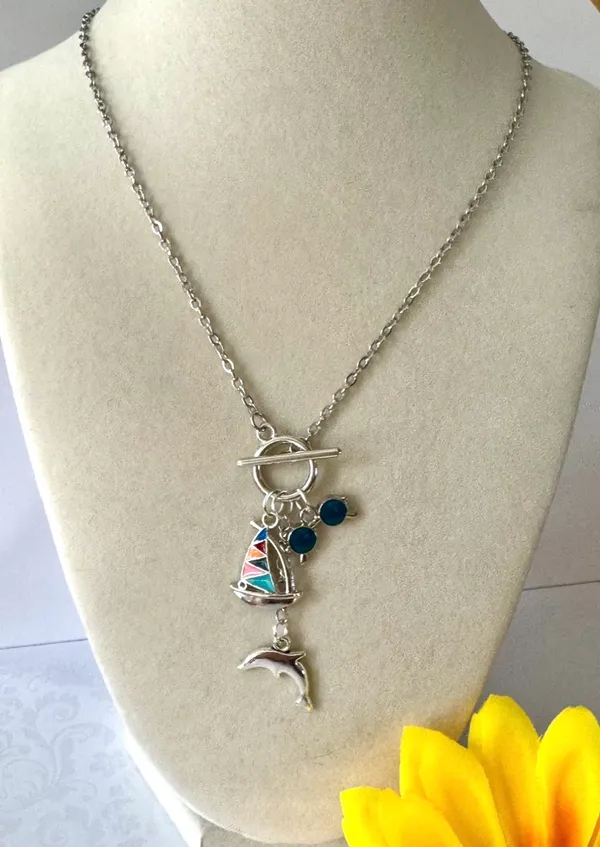 Sail Boat & Dolphin Necklace (133)🐬 ⛵️ Silver - Image 2