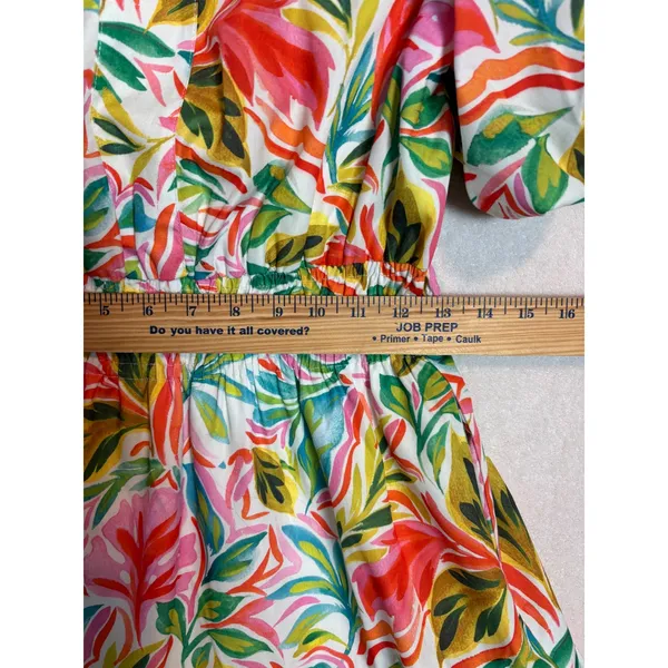 THML Tropical Leaf Print Smocked Waist Puff Sleeve Tiered Mini Dress Small - Image 10