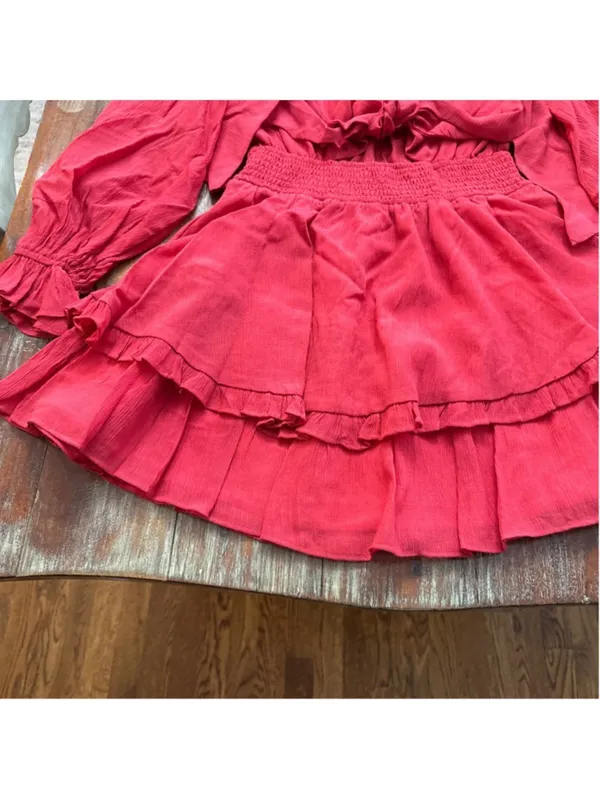 Angel Biba Red Tie Front Ruffle Tiered Mini Dress Long Sleeve Boho US S AU 8 - Image 4
