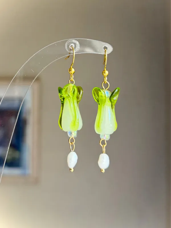 Handmade lamp work cabbage & freshwater funky boho fairy cute unique dangle earrings 🥬✨ - Image 2