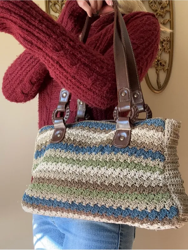 Woven Crochet Striped Shoulderbag Blue - Image 10