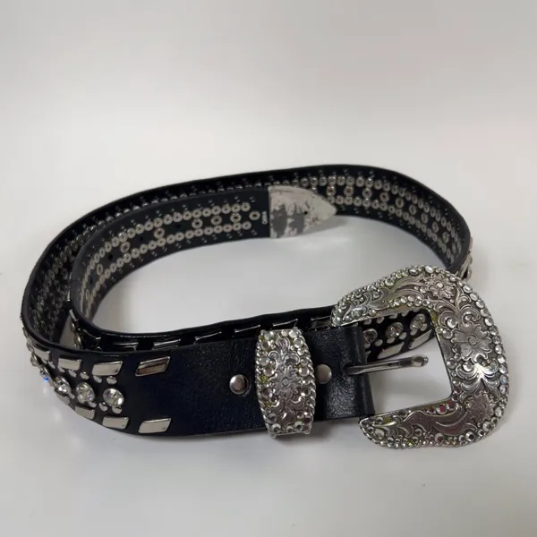Nocona 2000s Grunge Black Silver Genuine Leather Chunky Festival Indie Hippie Rhinestone Studded Belt Large Buckle Size XL - Image 5