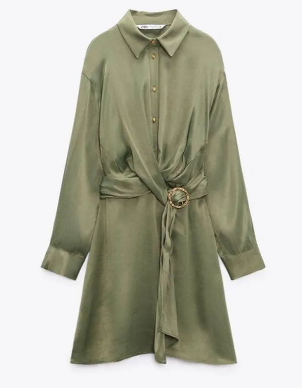 ZARA BELTED SATIN EFFECT FRONT TWIST MINI DRESS IN (khaki) GREEN SIZE S - Image 2