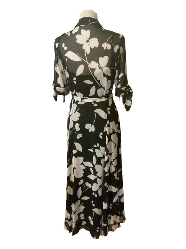 Calvin Klein Black & White Floral Sheer Shirt Dress Maxi w/ Slip & Belt - Image 3