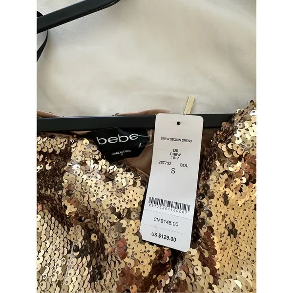 NWT BEBE DREW GOLD SEQUIN OFF SHOULDER Dress Size S - Image 4