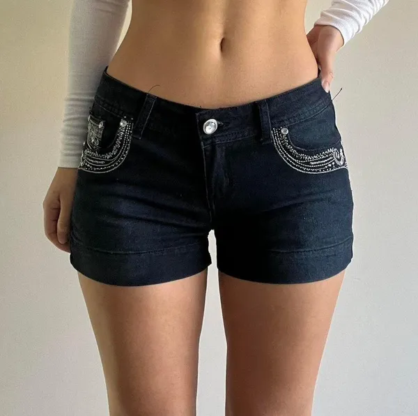 Blue Denim Embellished Shorts Size 9 - Image 2