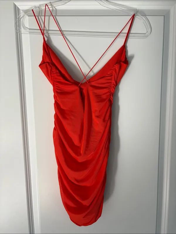 NWOT Garage Red Orange Draped Bodycon Mini Dress Size Small - Image 3