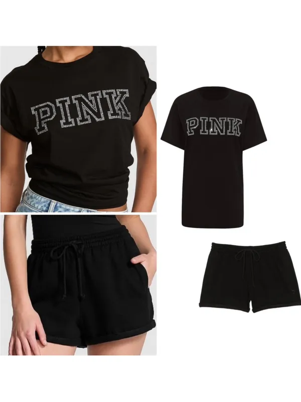 PINK Victoria's Secret Black Bling Diamanté Logo Campus Tee & Fleece Shorts L - Image 2
