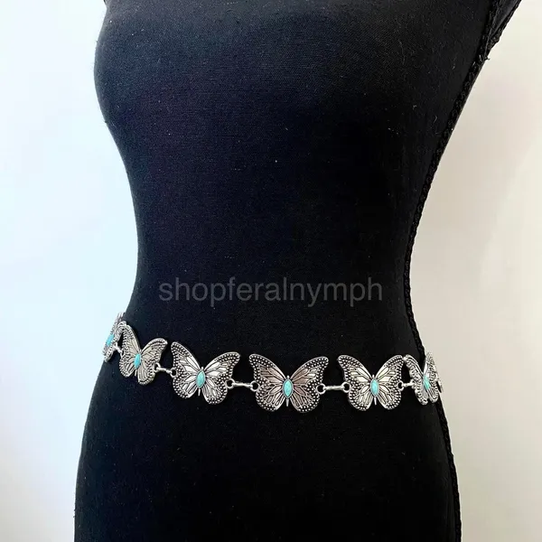 Silver Turquoise Butterfly Whimsygoth Chain Belt, Fits 23-38 Inches, X7GA1253 - Image 5