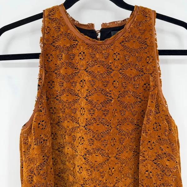 Anthropologie Maeve Amis Dress 4 Burnt Orange Floral Lace Ruffle Hem Lined - Image 7