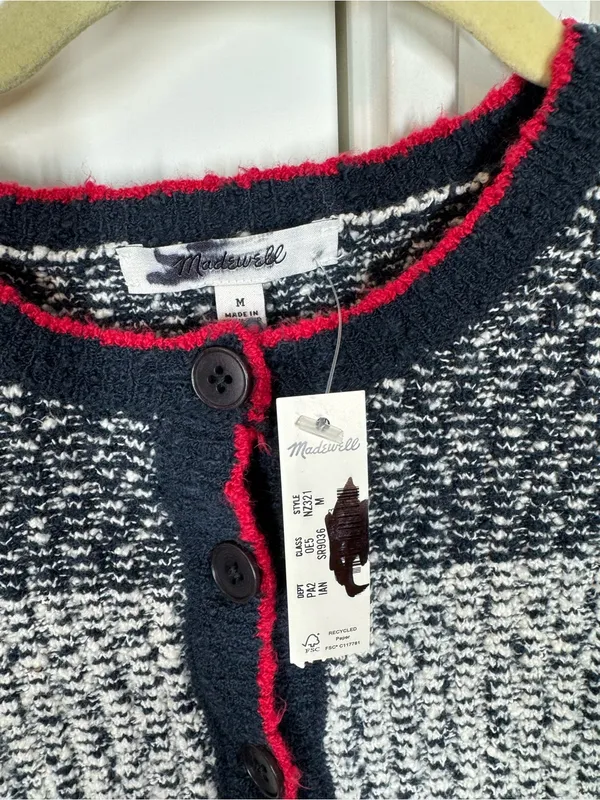 Madewell Striped Bouclé-Knit Cardigan Ivory And Navy Multi Stripe medium NEW - Image 3