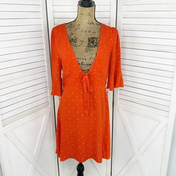 Free People All Yours Polka Dot Flounce Sleeve Mini Dress Orange Size‎ 4 V Neck - Image 2