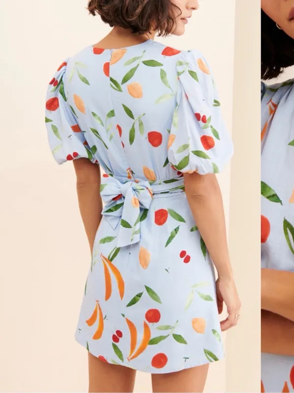 Finders Keepers Calypso Light Blue Fruit Print Puff Sleeve Mini Dress XS - Image 4