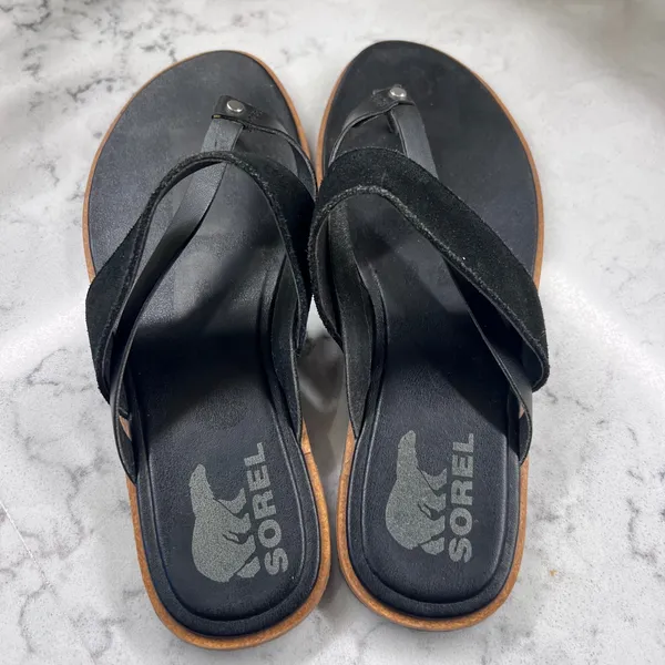 Sorel Ella II Sandal Black Leather Suede Thong Flat Sandals Womens 9.5 - Image 3