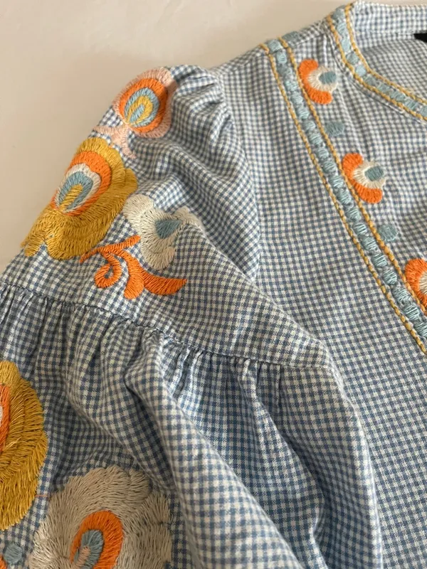 ZARA Woman Boho Embroidered Gingham Blouse - light Blue & White - Image 12