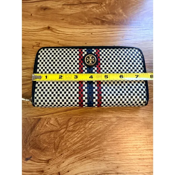 Tory Burch Woven Leather Checkerboard Zip Continental Wallet Navy White OS - Image 7