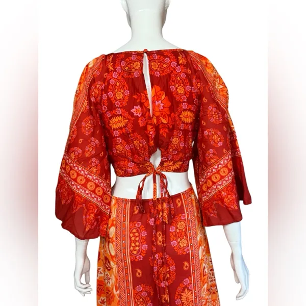 FARM Rio 100% Cotton Vibrant Red and Orange Long Sleeve Dress Size Medium - Image 5