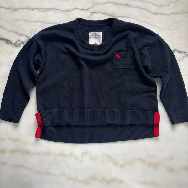 Y2K Abercrombie & Fitch Navy Blue Knit Sweater Moose Logo Split Hem Womens Small - Image 3