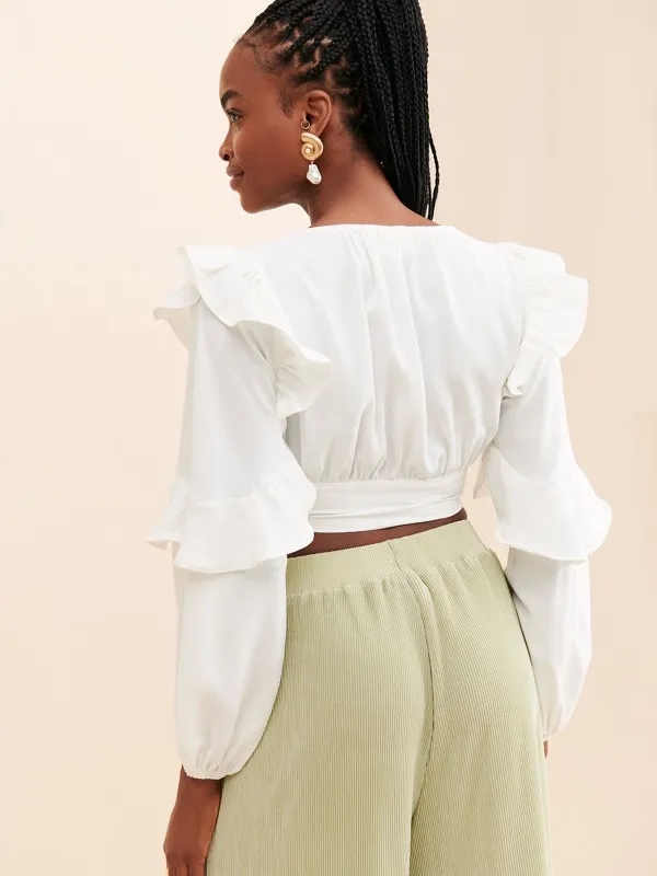 Line & Dot Sonia Ruffle Blouse White Tie Front Crop Top Size M NWT - Image 2