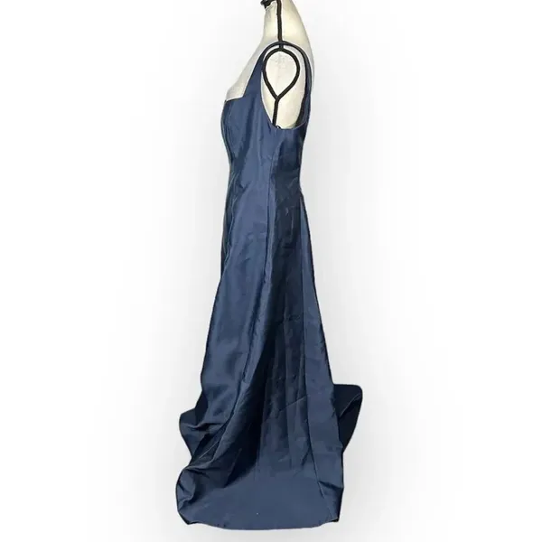 Alfred Sung Maxi Gown Women's 14R Navy Blue Square Neck Satin A-Line Sleeveless - Image 6