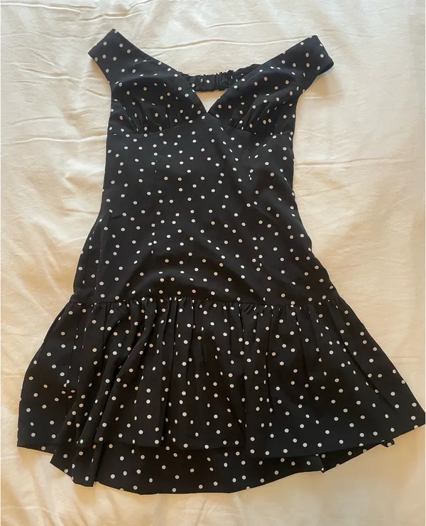 Lucy in the Sky Polka Dot Off Shoulder Drop Waist Dress in Black - Image 3