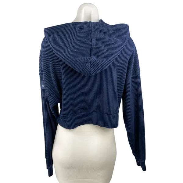 Alo Yoga Muse Women's Blue Ribbed Knit Hooded Long Sleeve Crop Sweatshirt Top M - Image 2