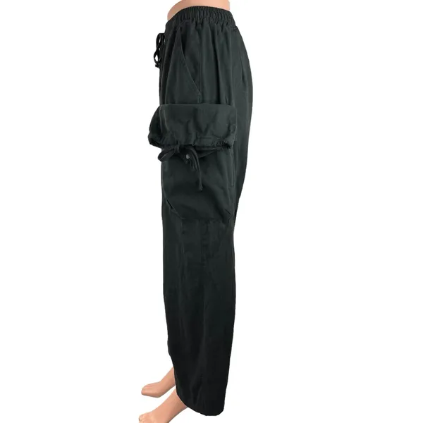 Bei Sen Tu Black Drawstring Elastic Waist Straight Leg Pull On Cargo Pants Sz 3 - Image 2
