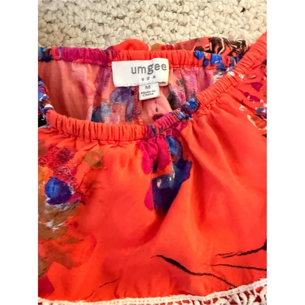 Floral Off Shoulder Maxi Dress Coral Orange Boho Resort Lace Trim Medium Umgee - Image 3