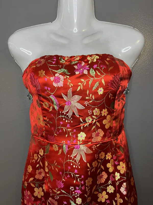 Lulus Dress Womens Medium Red Floral Jacquard Strapless Sheath Maxi Side Slit - Image 2