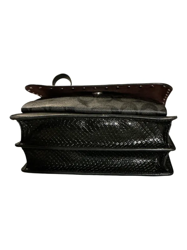 COACH Black Leather & Signature Canvas Studded Crossbody Shoulder Bag w/ Chain Strap - Image 4