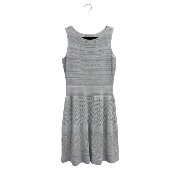 Lauren Ralph Lauren Silver Metallic Knit Pointelle Fit & Flare Festive Dress L - Image 2