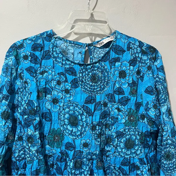 Zara Women's Blue Floral 3/4 Sleeve Mini‎ Dress Size Large Ruffle Casual - Image 3