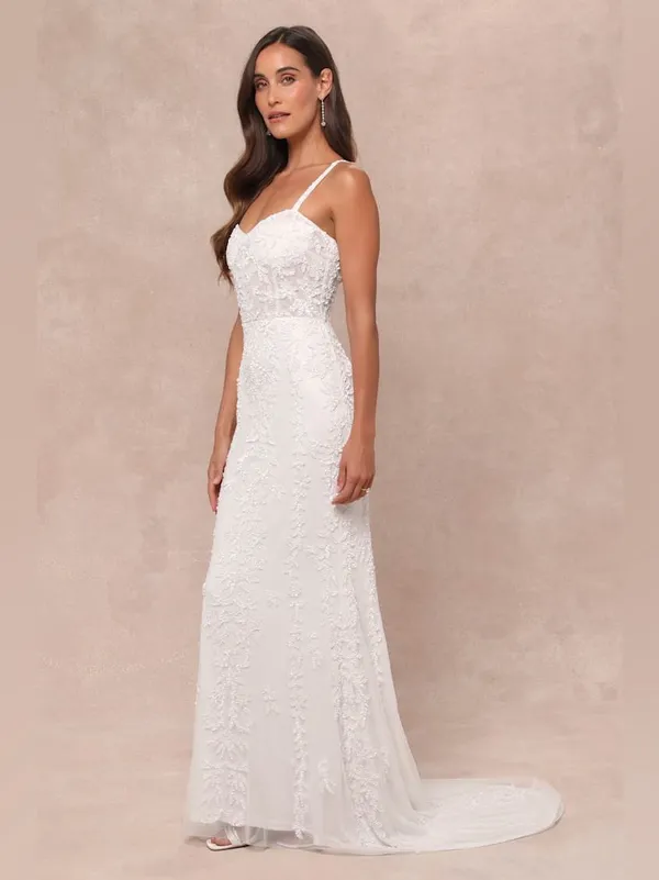 Lulus Momentous Love White Beaded Bustier Mesh Mermaid Maxi Dress Size Medium - Image 3