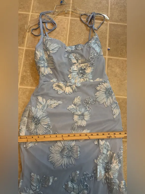 Light Blue Floral Appliqué Maxi Dress with Tie Shoulders - Image 6