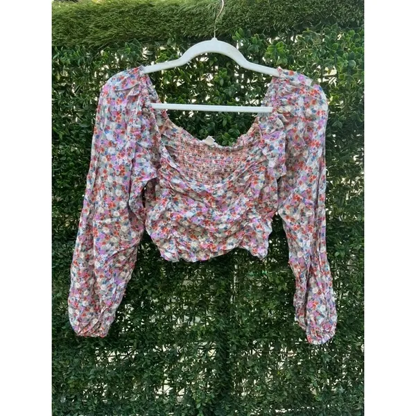 Billabong x The Salty Blonde Floral Crop Top Smocked Long Sleeve Square Neck‎ S - Image 2